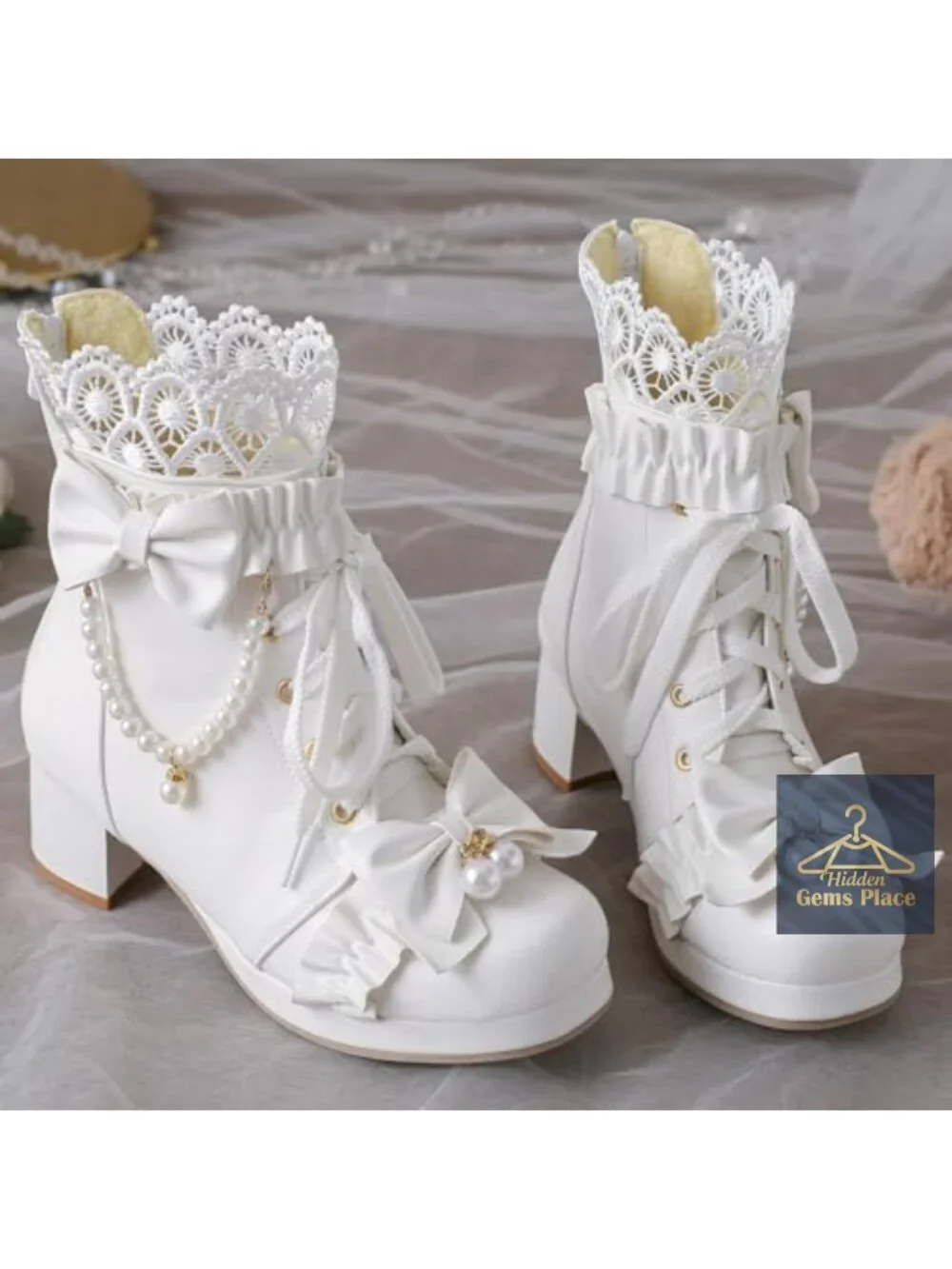Chunky Mid Heel Lace Up Ankle Boots with Bow Platform